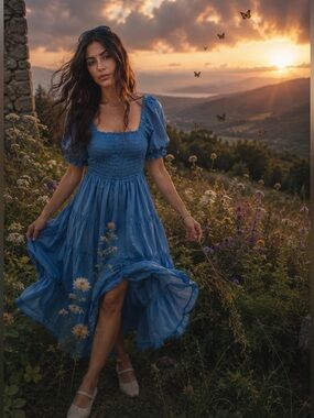 Blue Puff Sleeve Midi Dress